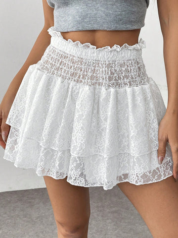 ChicEase New Design White Lace Double Flounces Trim Waist Shorts With Lining