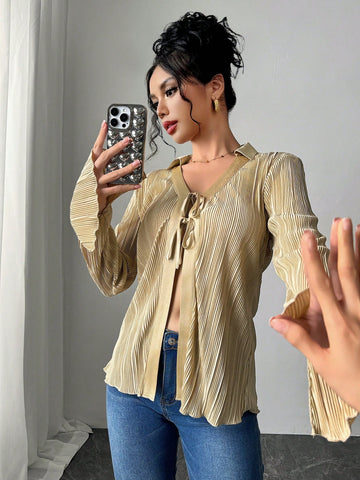 ChicEase V-Neck Long Sleeve Tie-Front Pleated Loose Blouse For Women