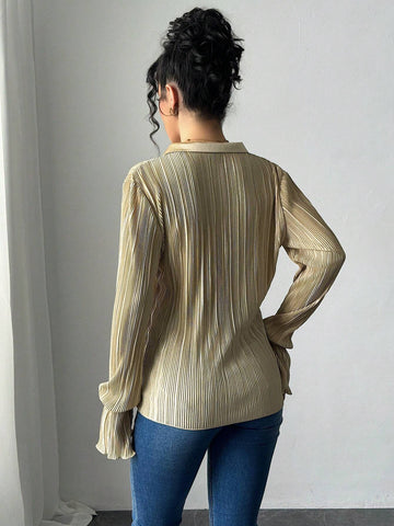 ChicEase V-Neck Long Sleeve Tie-Front Pleated Loose Blouse For Women