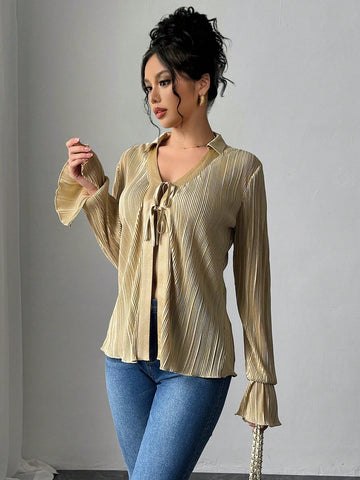 ChicEase V-Neck Long Sleeve Tie-Front Pleated Loose Blouse For Women