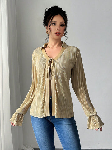 ChicEase V-Neck Long Sleeve Tie-Front Pleated Loose Blouse For Women