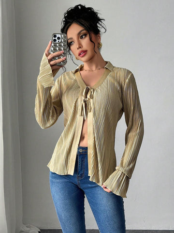 ChicEase V-Neck Long Sleeve Tie-Front Pleated Loose Blouse For Women