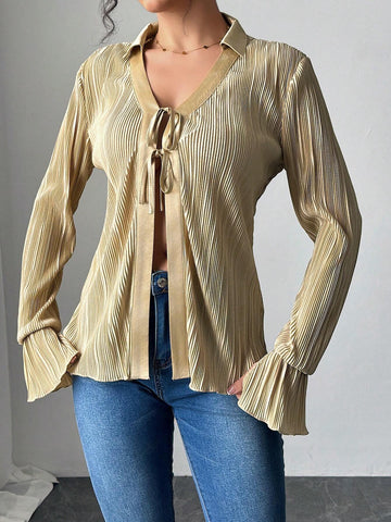ChicEase V-Neck Long Sleeve Tie-Front Pleated Loose Blouse For Women