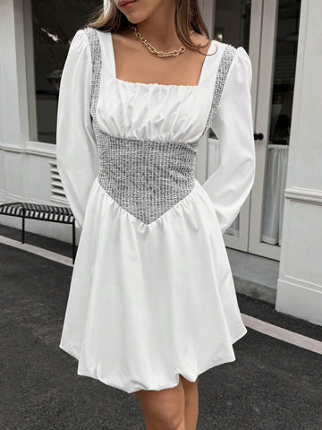 Women Color Block Long Sleeve Square Neck Casual Short Dress