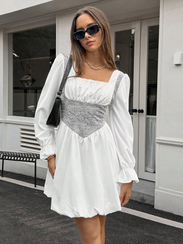 Women Color Block Long Sleeve Square Neck Casual Short Dress