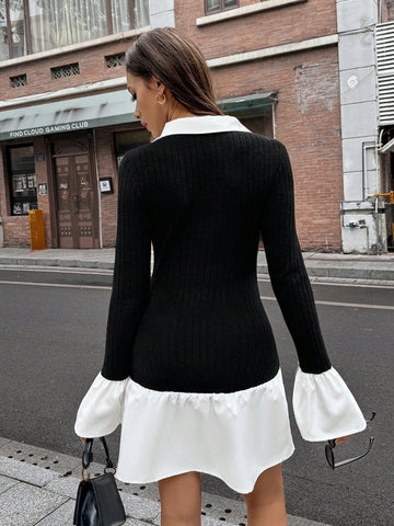 Ease Women Contrast Collar Simple Short Casual Dress