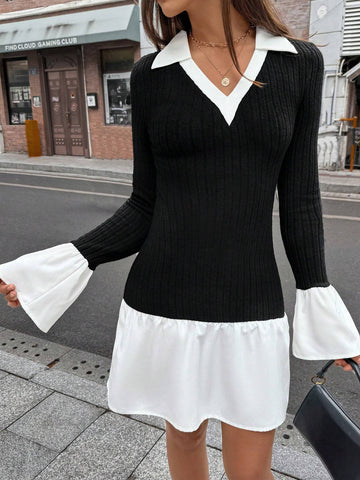 Ease Women Contrast Collar Simple Short Casual Dress