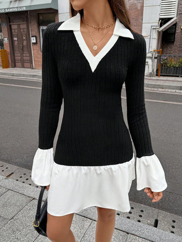 Ease Women Contrast Collar Simple Short Casual Dress