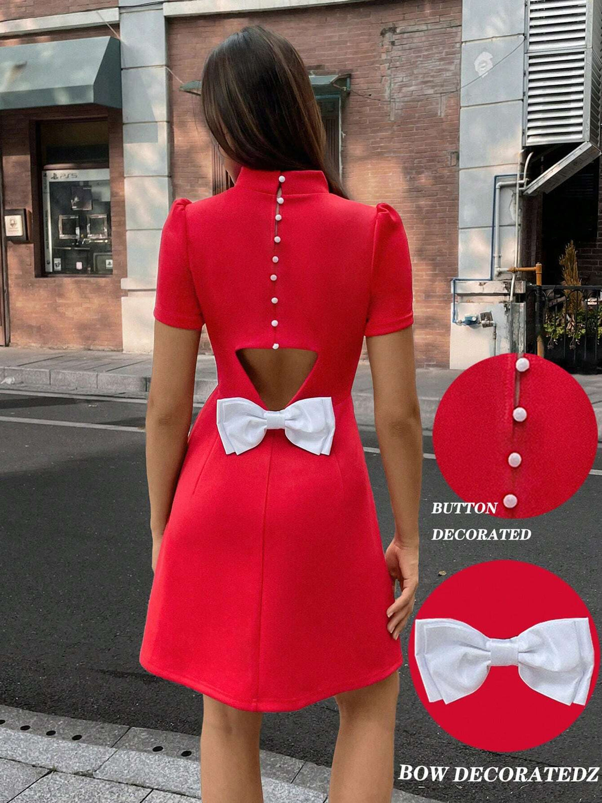 Women Elegant Stand Collar Exposed Waist Bow Detail Short Dress