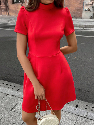 Women Elegant Stand Collar Exposed Waist Bow Detail Short Dress