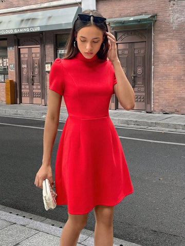 Women Elegant Stand Collar Exposed Waist Bow Detail Short Dress
