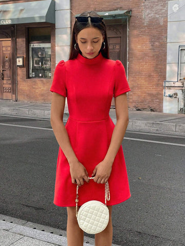 Women Elegant Stand Collar Exposed Waist Bow Detail Short Dress