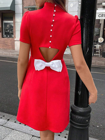 Women Elegant Stand Collar Exposed Waist Bow Detail Short Dress
