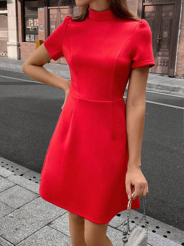 Women Elegant Stand Collar Exposed Waist Bow Detail Short Dress