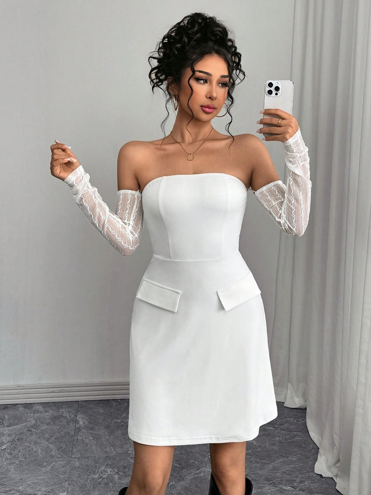Women Off Shoulder Long Sleeve Pocket Casual Mini Dress