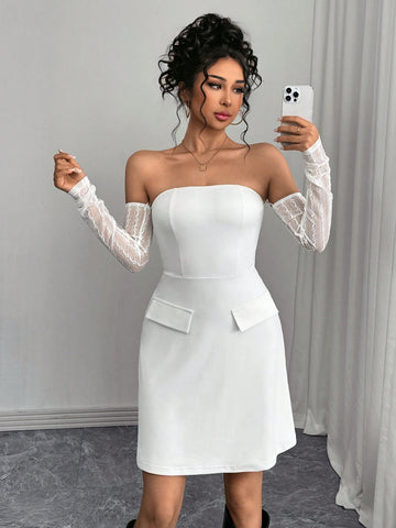 Women Off Shoulder Long Sleeve Pocket Casual Mini Dress