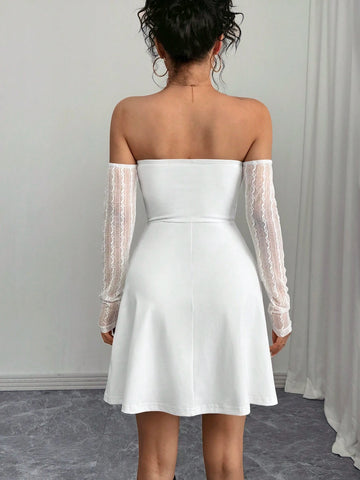 Women Off Shoulder Long Sleeve Pocket Casual Mini Dress