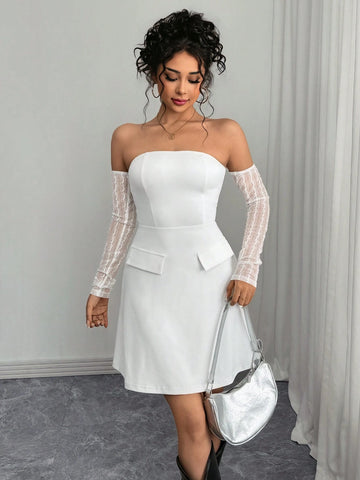 Women Off Shoulder Long Sleeve Pocket Casual Mini Dress