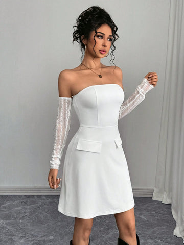 Women Off Shoulder Long Sleeve Pocket Casual Mini Dress