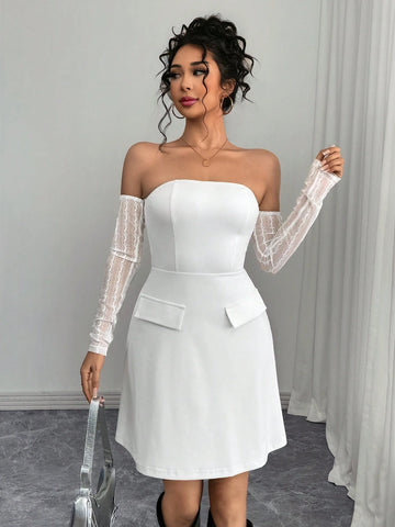Women Off Shoulder Long Sleeve Pocket Casual Mini Dress