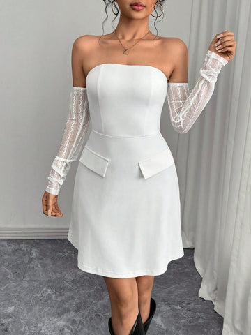 Women Off Shoulder Long Sleeve Pocket Casual Mini Dress