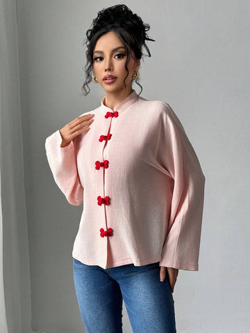 Women Stand Collar Long Sleeve Button Closure Chinese Style Blouse