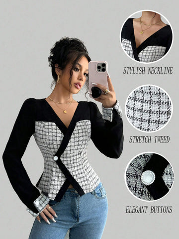 ChicEase Women's Autumn Houndstooth V-Neck Lantern Sleeve Elegant Blouse