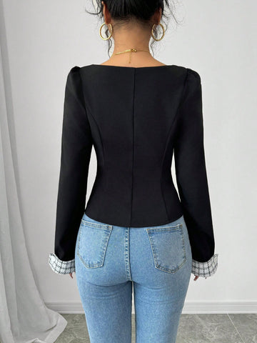 ChicEase Women's Autumn Houndstooth V-Neck Lantern Sleeve Elegant Blouse