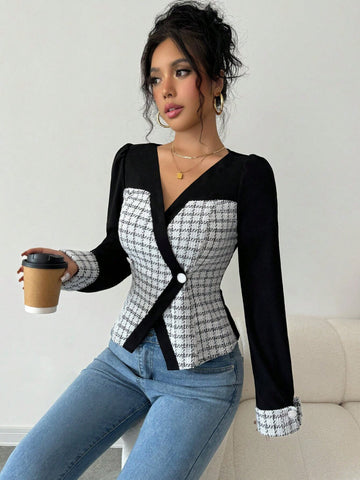 ChicEase Women's Autumn Houndstooth V-Neck Lantern Sleeve Elegant Blouse