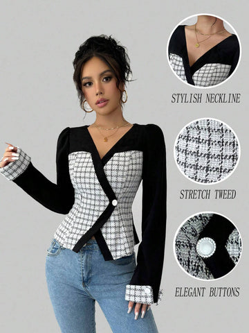 ChicEase Women's Autumn Houndstooth V-Neck Lantern Sleeve Elegant Blouse