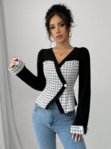 ChicEase Women's Autumn Houndstooth V-Neck Lantern Sleeve Elegant Blouse