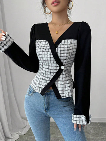 ChicEase Women's Autumn Houndstooth V-Neck Lantern Sleeve Elegant Blouse