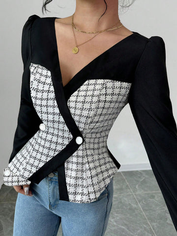 ChicEase Women's Autumn Houndstooth V-Neck Lantern Sleeve Elegant Blouse