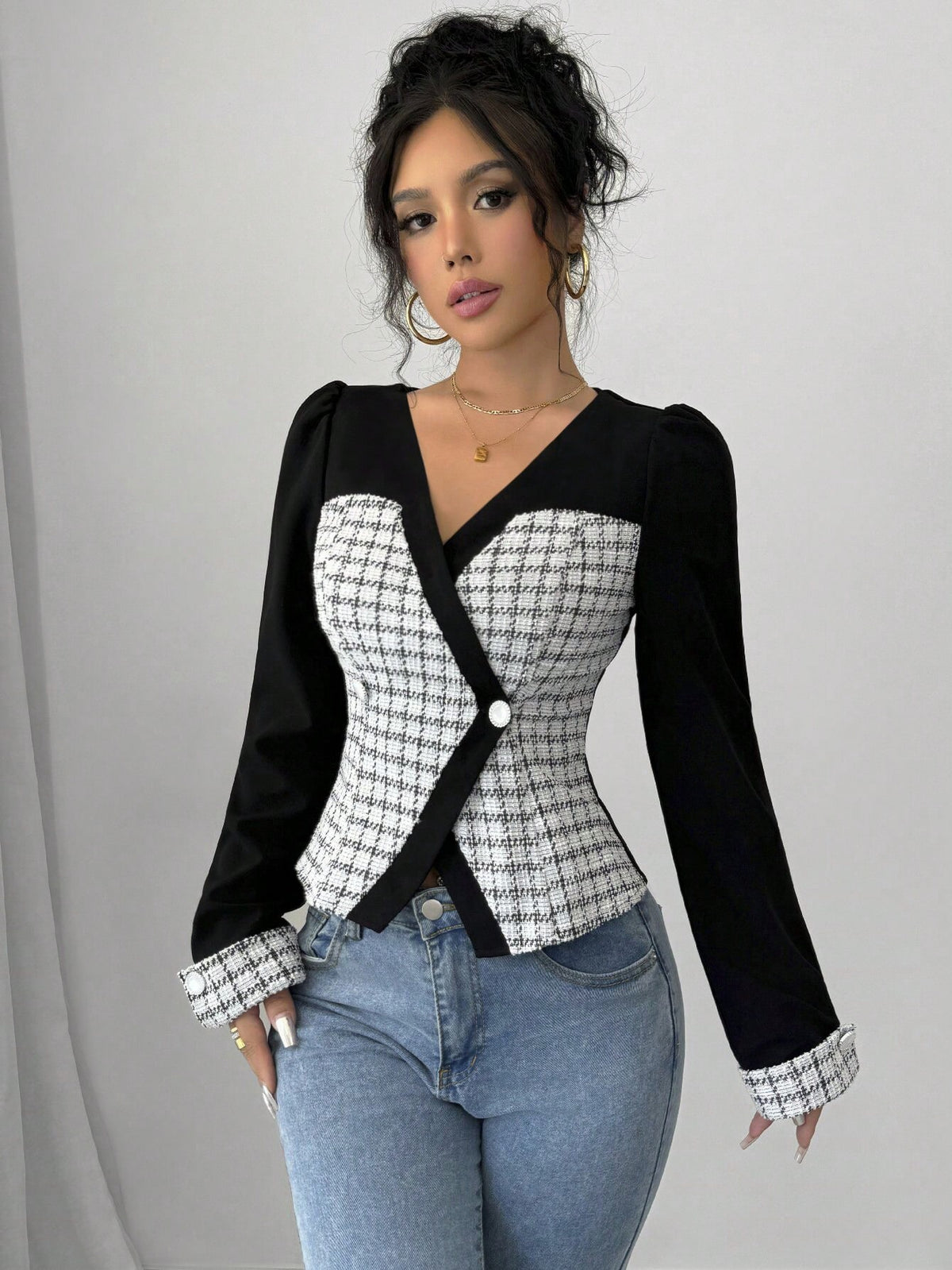 ChicEase Women's Autumn Houndstooth V-Neck Lantern Sleeve Elegant Blouse