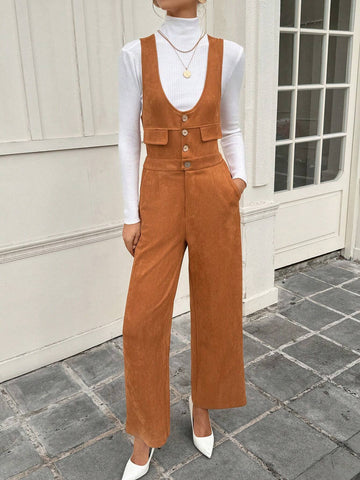 Women's Casual Solid Color Faux Suede Sleeveless Jumpsuit, Versatile For Autumn/Winter