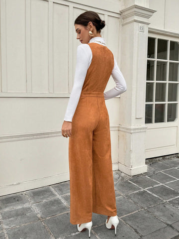 Women's Casual Solid Color Faux Suede Sleeveless Jumpsuit, Versatile For Autumn/Winter