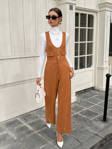 Women's Casual Solid Color Faux Suede Sleeveless Jumpsuit, Versatile For Autumn/Winter