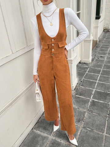 Women's Casual Solid Color Faux Suede Sleeveless Jumpsuit, Versatile For Autumn/Winter