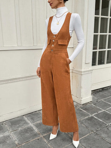 Women's Casual Solid Color Faux Suede Sleeveless Jumpsuit, Versatile For Autumn/Winter