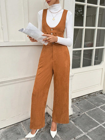 Women's Casual Solid Color Faux Suede Sleeveless Jumpsuit, Versatile For Autumn/Winter