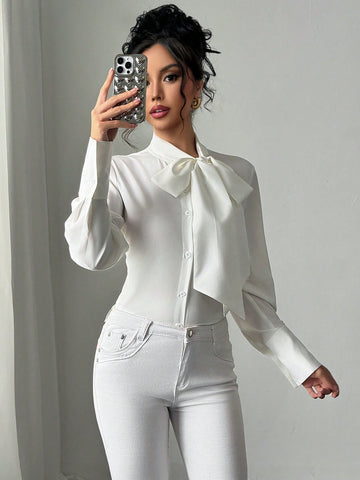 Women's Long Sleeve Solid Color Single-Breasted Bow Tie Elegant Blouse