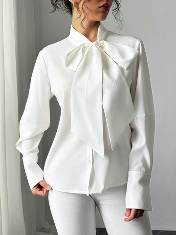 Women's Long Sleeve Solid Color Single-Breasted Bow Tie Elegant Blouse