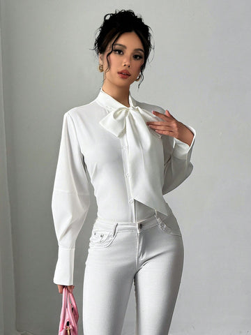Women's Long Sleeve Solid Color Single-Breasted Bow Tie Elegant Blouse