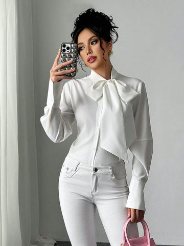 Women's Long Sleeve Solid Color Single-Breasted Bow Tie Elegant Blouse