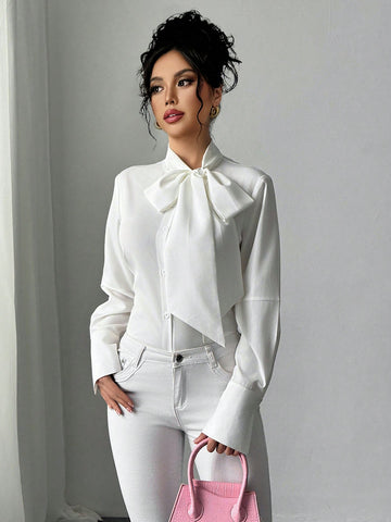 Women's Long Sleeve Solid Color Single-Breasted Bow Tie Elegant Blouse