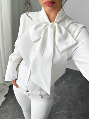 Women's Long Sleeve Solid Color Single-Breasted Bow Tie Elegant Blouse