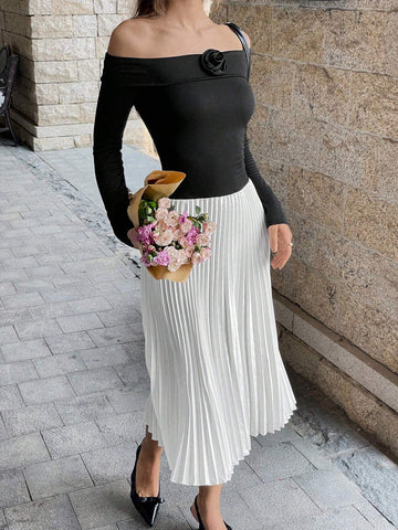 Women's Off-Shoulder Embellished Floral Knit Sweater & Ruched Hem Elegant Sheath Dress