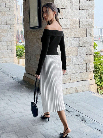 Women's Off-Shoulder Embellished Floral Knit Sweater & Ruched Hem Elegant Sheath Dress