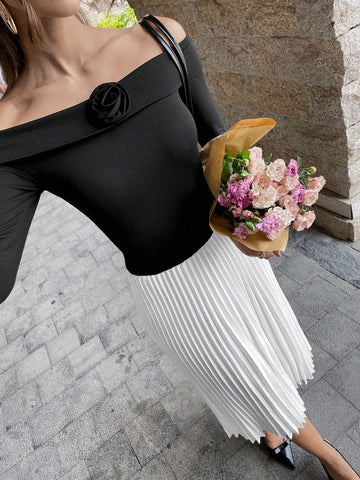 Women's Off-Shoulder Embellished Floral Knit Sweater & Ruched Hem Elegant Sheath Dress