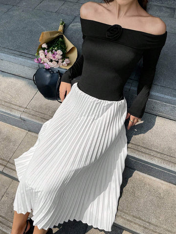 Women's Off-Shoulder Embellished Floral Knit Sweater & Ruched Hem Elegant Sheath Dress